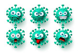 Fototapeta  - Corona virus icon vector set. Ncov covid19 corona virus emoticon and emoji with scary and angry facial expressions for global pandemic. Vector illustration.
