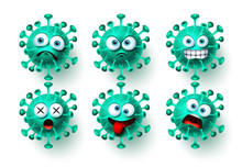 Corona Virus Icon Vector Set. Ncov Covid19 Corona Virus Emoticon And Emoji With Scary And Angry Facial Expressions For Global Pandemic. Vector Illustration.
