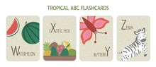 Colorful Alphabet Letters W, X, Y, Z. Phonics Flashcard With Tropical Animals, Birds, Fruit, Plants. Cute Educational Jungle ABC Cards For Teaching Reading With Funny Watermelon, Butterfly, Zebra..