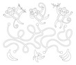 © Lexi Claus - Tropical maze for children. Preschool exotic activity. Funny back and white jungle puzzle with cute monkeys and fruit. Whose banana game. Fun coloring page for kids.