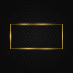 Poster - Golden frame with lights effects. Shining rectangle banner. Isolated on black transparent background. Vector illustration, eps 10