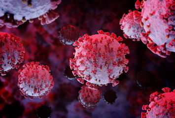 Poster - 3D rendering of the coronavirus on a microscopic level. Microscope close-up of the covid-19 disease. 2019-nCoV spreading in body cell