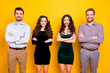 © deagreez - Portrait of attractive two fancy ladies macho guys four company students prom graduation party photo set well-dressed arms crossed cheerful best friends isolated yellow color background