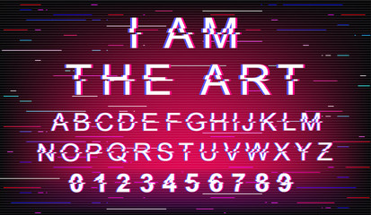 Fototapete - I am the art glitch font template. Retro futuristic style vector alphabet set on violet background. Capital letters, numbers and symbols. Artistic typeface design with distortion effect