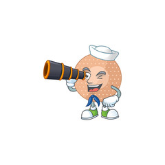 Wall Mural - Rounded bandage in Sailor cartoon character style using a binocular