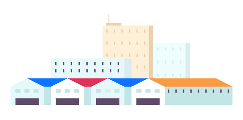 Poster - Warehouses cartoon vector illustration. Industrial storehouses flat color objects. Multistorey buildings and spacious hangars isolated on white background. Storage facility, container yard