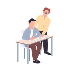 Poster - Student and teacher flat color vector faceless characters. Supportive tutor helping pupil isolated cartoon illustration for web graphic design and animation. Help with academic education, mentorship