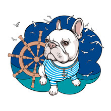Cartoon French Bulldog In A Sailor's Vest. Dog On The Background Of The Helm, Waves And Seagulls.