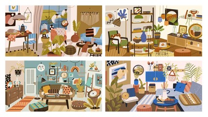 Poster - Set of various modern interior design of living room vector graphic illustration. Collection of colorful cozy apartments furnished with stylish decoration. Trendy furnishing decorations inside house