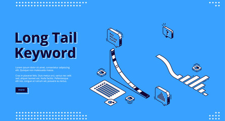 Poster - long tail keyword isometric landing page. seo research tool, key phrase curve graph or chart. engine