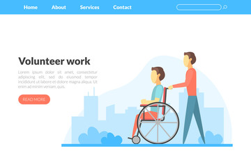 Sticker - Volunteer Work Landing Page Template, Young Man Helping to Disabled Man in Wheelchair Vector Illustration