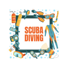 Wall Mural - Scuba Diving Banner Template with Diving Professional Equipment, Water Active Sport, Summer Vacation Vector Illustration