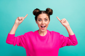 Sticker - Close-up portrait of her she nice attractive lovely winsome charming cute pretty cheerful cheery girl demonstrating hairdo isolated over bright vivid shine vibrant blue turquoise color background