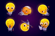 Cute light bulb character in different poses. Vector set of cartoon chat bot, funny lamp rises finger, feels headache, flirts, laughs and read book. Creative emoji set, smart mascot