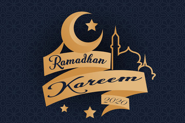 Wall Mural - Ramadan Kareem 2020 with moon and stars and mosque. yellow and blue phantom with texture in the background