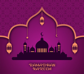 Wall Mural - Ramadan Kareem vector with silhouette illustration of the mosque and lanterns hanging with purple and orange colors and patterns on it.