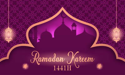 Wall Mural - Ramadan kareem banner with a shining orange Arabic lantern and a purple mosque silhouette, on a purple background and Islamic pattern.