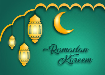 Wall Mural - Ramadan kareem vector 2020, illustration of three bright yellow lanterns and a yellow moon, on a green background with gradients and patterns