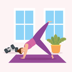 Sticker - woman practicing exercise in the home vector illustration design