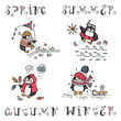 © AllNikArt - Penguins. Hand drawn doodle Cute penguins. Birds set. Seasons set. Four seasons icons. Times of year. Weather. Cartoon Funny penguins at different times of year - vector illustration