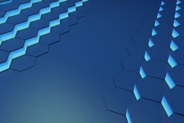 Poster - Glowing blue hexagon pattern background. 3D rendering