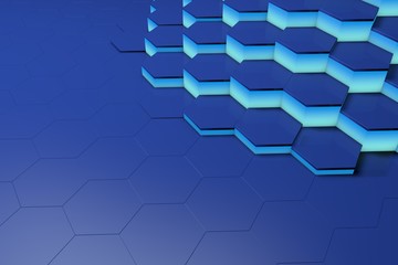 Poster - Glowing blue hexagon pattern background. 3D rendering