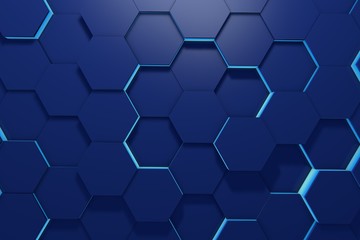 Poster - Glowing blue hexagon pattern background. 3D rendering