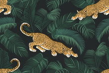 The Stalking Wild Jaguar And Palm Leaves. .Exotic Seamless Pattern On A Dark Background. Hand Drawn Jungle Texture. Vector Illustration.