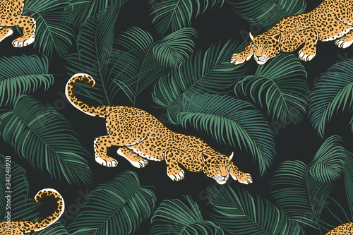 Fototapeta na szkło Dzikie jaguar i liście palmowe. Egzotyczny wzór na ciemnym tle. Ręcznie rysowane tekstury dżungli. Ilustracji wektorowych.