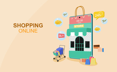 Shopping online concept for flat design, online trading for web page, website, template and background, vector illustration about shopping online