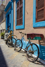 Greece Rhodes, 11/07/2018 : Walk Around The Old Town. Bicycles Against The Wall With Beautiful Styling.
