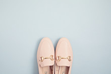 Woman Pink Pastel Shoes Over Blue Background. Fashion Blog, Sprind And Summer Urban Style, Online Shpping. Minimal Flat Lay, Top View