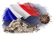 Economy falling France. banking crisis,bankruptcy,budget recession. Wrecking coronavirus ball on chain hangs near cracked bank. crack business, economy. Symbol country, flag.