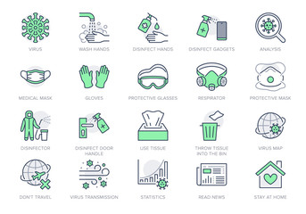 Coronavirus, virus prevention line icons. Vector illustration include icon - wash hands disinfection, face mask, sanitizer gloves outline pictogram for infographic Green Color, Editable Stroke