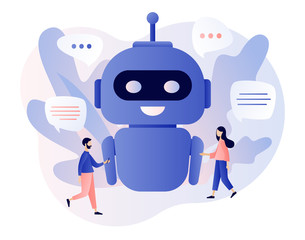 Poster - Chatbot concept. Tiny people chatting with chatbot application. AI robot assistant, online customer support. Modern flat cartoon style. Vector illustration on white background