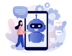 Poster - Chatbot concept. AI robot assistant, online customer support. Tiny girl chatting with chatbot application. Modern flat cartoon style. Vector illustration on white background