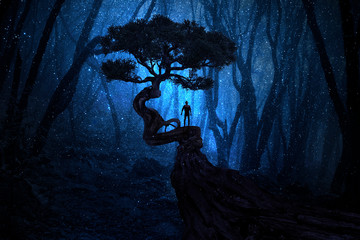 Wall Mural - man under a tree in front of the magic forest
