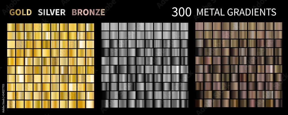 Gold, silver, bronze gradients. Collection of colorful gradient illustrations for backgrounds - obrazy, fototapety, plakaty 