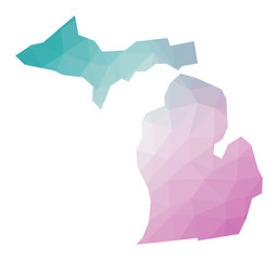 Polygonal map of Michigan. Geometric illustration of the us state in emerald amethyst colors. Michigan map in low poly style. Technology, internet, network concept. Vector illustration.