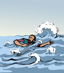 Wall Mural - Man swims through the waves of the storm. Vector drawing