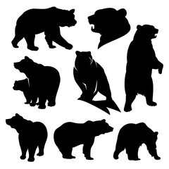 wild grizzly and brown bear silhouette set - walking, standing, rearing up animals black vector outl