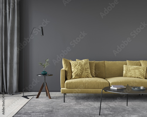 Dark gray living room interior with yellow sofa Tableau sur Toile