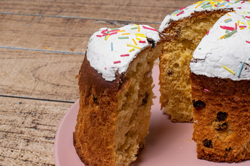 Bright Easter holiday. Festive Easter cake with raisins on a plate. Religion.