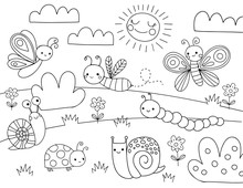 Cute Cartoon Bugs Coloring Page For Kids. Vector Black Line Illustration. Bug, Insect, Bee, Butterfly, Snail.