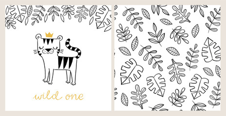 Wall Mural - Wild One. Hand drawn baby card with tiger in a crown and jungle pattern. Doodle jungle seamless background. Kids tiger animal character. Baby poster, nursery wall art, card, invitation, birthday.