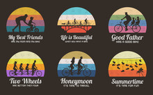 People On Bikes. Set Of Retro Illustrations With Silhouettes Of Cyclists On Bicycles. Woman Teaching Boy To Ride Bike, Family On Bike Tandem. Shoes On Wires. Vector Backgrounds For Prints, T-shirts