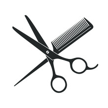 Scissors And Hairbrush Graphic Icon. Sign Crossed Scissors And Hairbrush Isolated On White Background. Barbershop Symbols. Vector Illustration