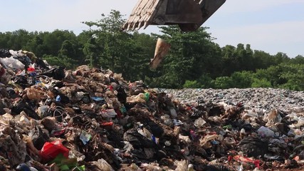 Canvas Print - Environmental pollution problem. Excavator working in landfill dump site full of plastic trash and other toxic garbage