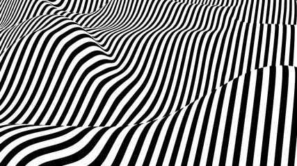 Poster - Abstract wave of white and black curved lines. Hallucination. Optical illusion. Twisted illustration. Futuristic background of lines. Dynamic wave. Vector.