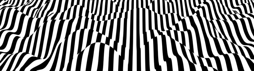 Poster - Abstract wave of white and black curved lines. Hallucination. Optical illusion. Twisted illustration. Futuristic background of lines. Dynamic wave. Vector.